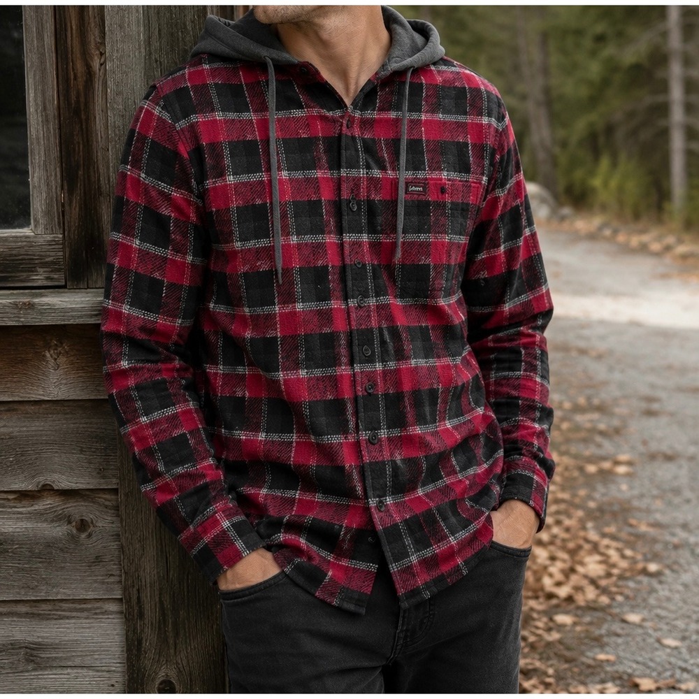 Aeropostale Mens Red Black Plaid Hooded Flannel Shirt Button Up Medium Buffalo